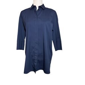 Lafayette 148 Cotton Stretch Button Front Shirt Size XS Navy Blue Tunic Long‎